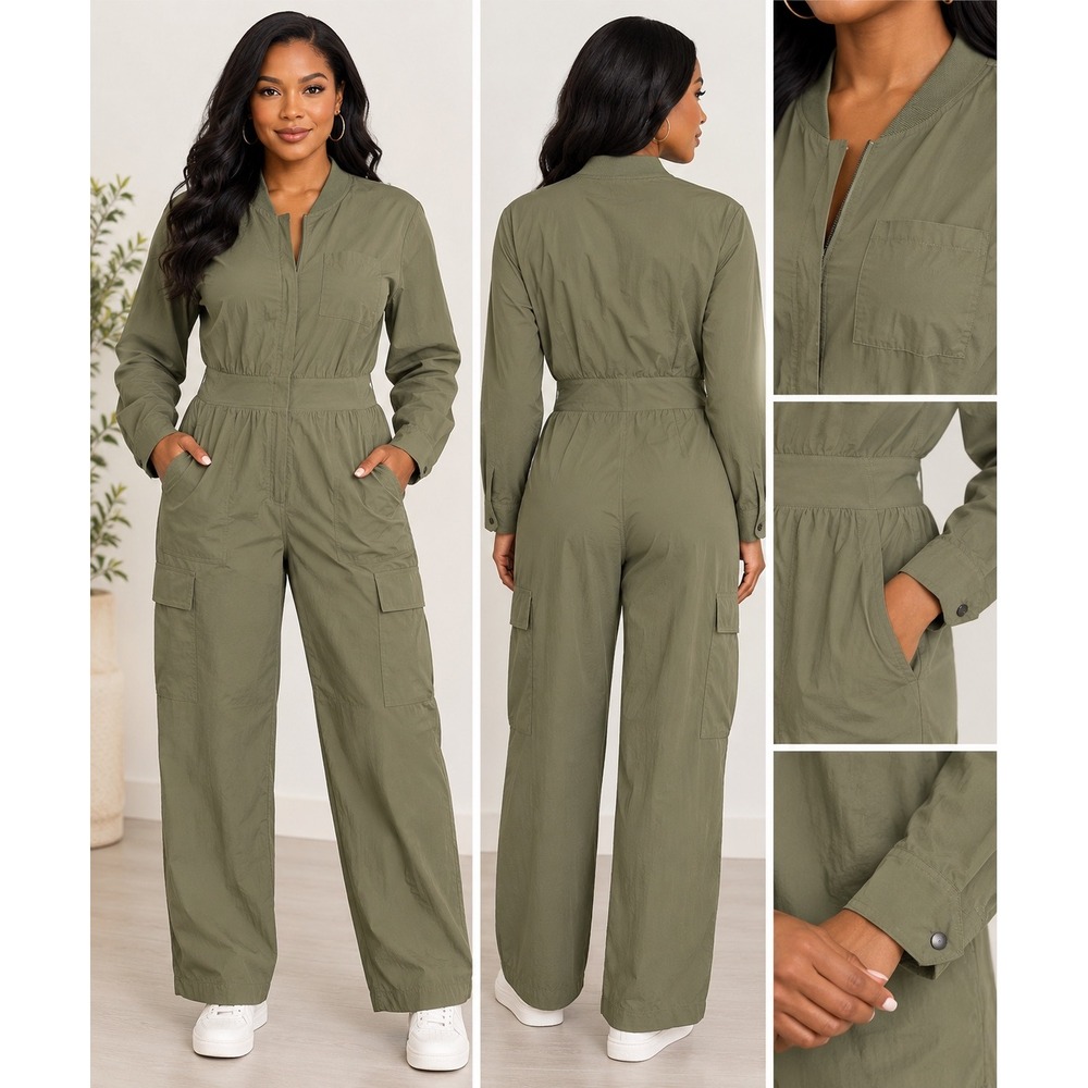 Athleta Brooklyn Heights Jumpsuit Olive Green Utility Cargo Long Sleeve Size 8